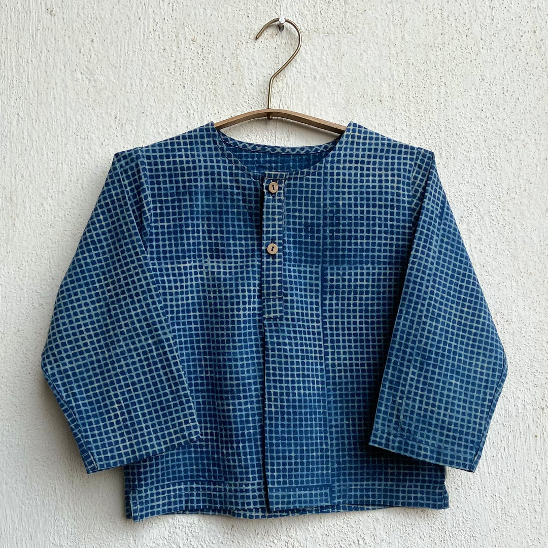UNISEX ORGANIC INDIGO CHECK KURTA + MATCHING PANTS