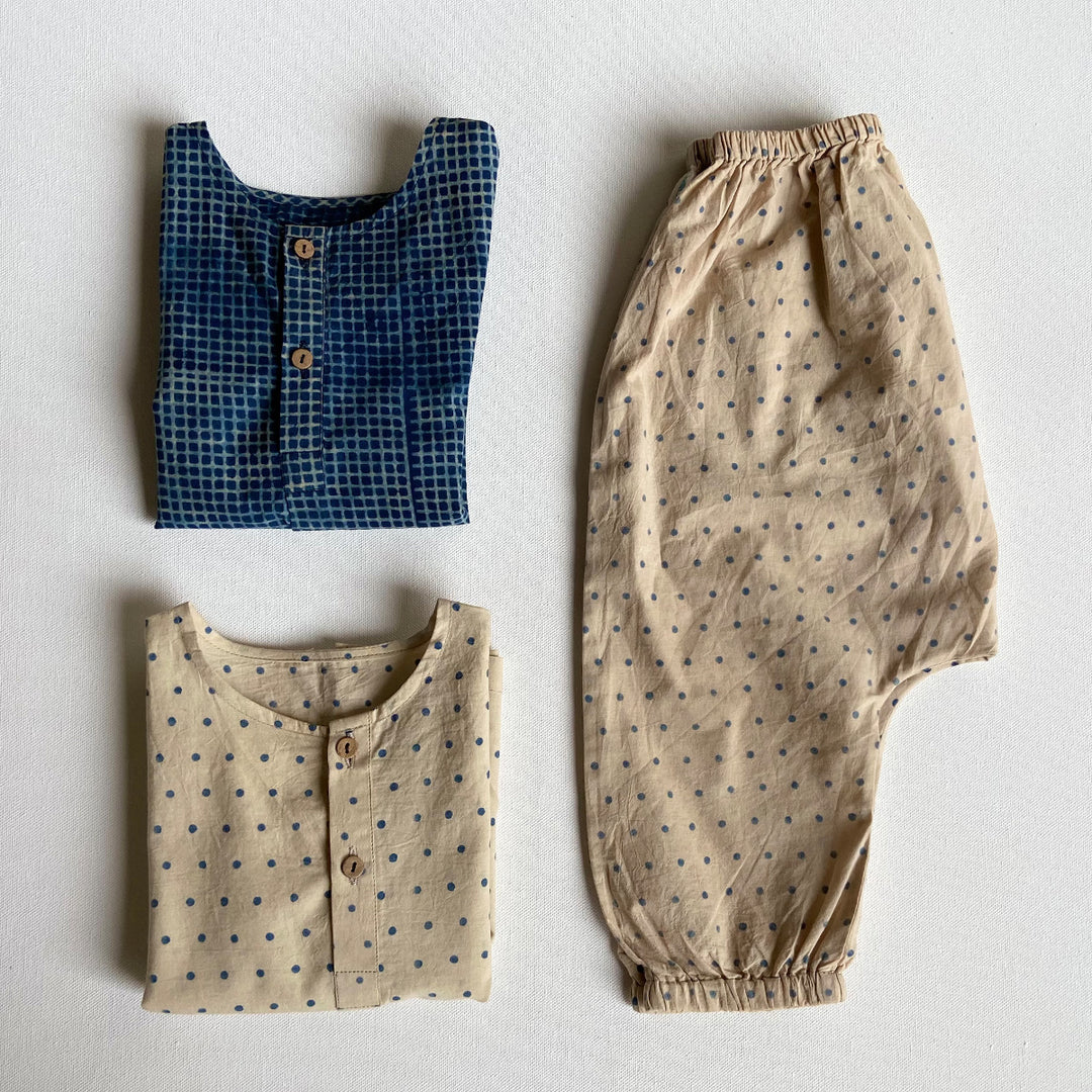 UNISEX ORGANIC INDIGO BAG - CHECK KURTA + RAIDANA  KURTA + RAIDANA PANTS