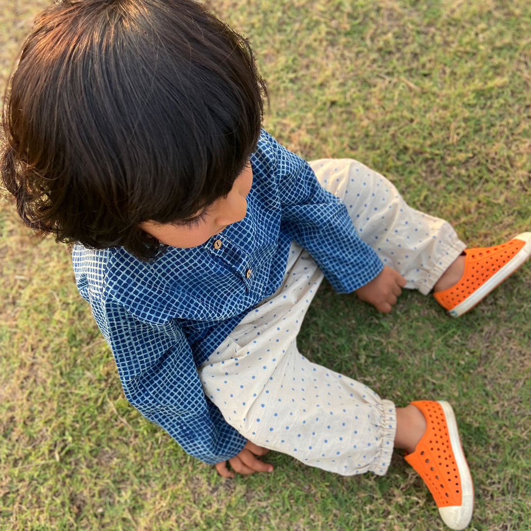 UNISEX ORGANIC INDIGO BAG - CHECK KURTA + RAIDANA  KURTA + RAIDANA PANTS