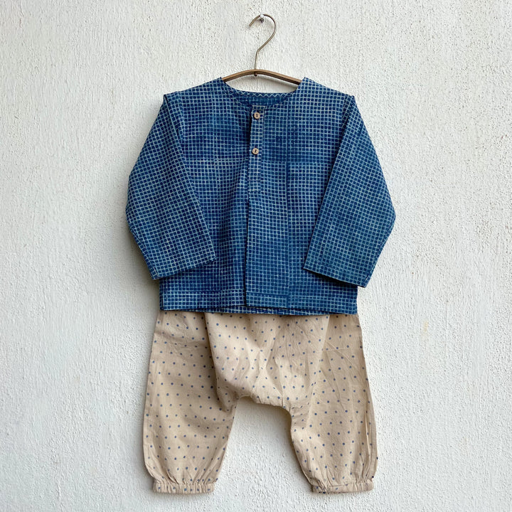 UNISEX ORGANIC INDIGO BAG - CHECK KURTA + RAIDANA  KURTA + RAIDANA PANTS