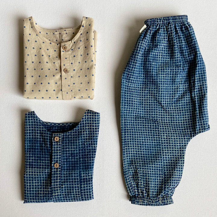 UNISEX ORGANIC INDIGO BAG - RAIDANA + CHECK KURTA + CHECK PANTS
