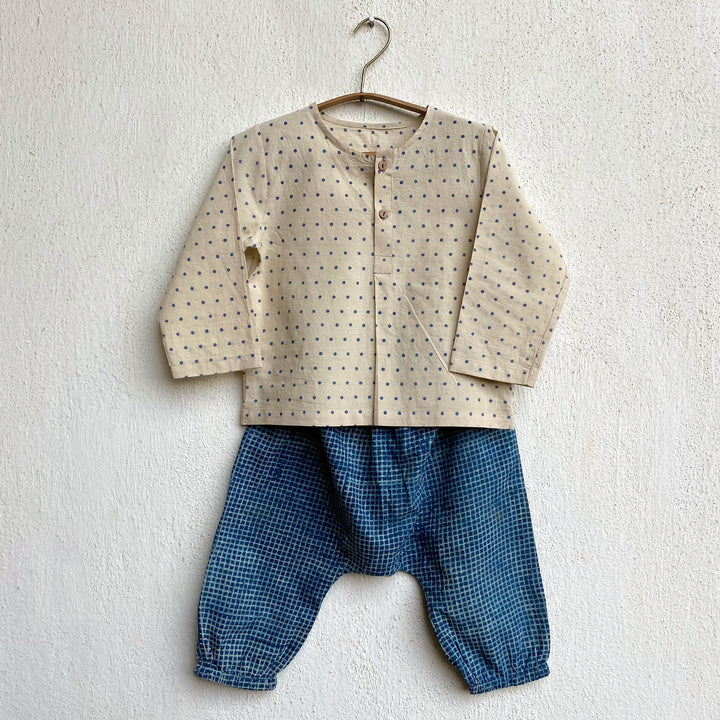 UNISEX ORGANIC INDIGO BAG - RAIDANA + CHECK KURTA + CHECK PANTS