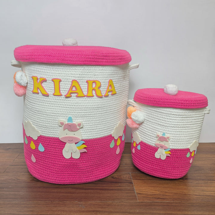 Babble Wrap Jute Cotton Storage Basket with Lid-Rainbow Unicorn Delight