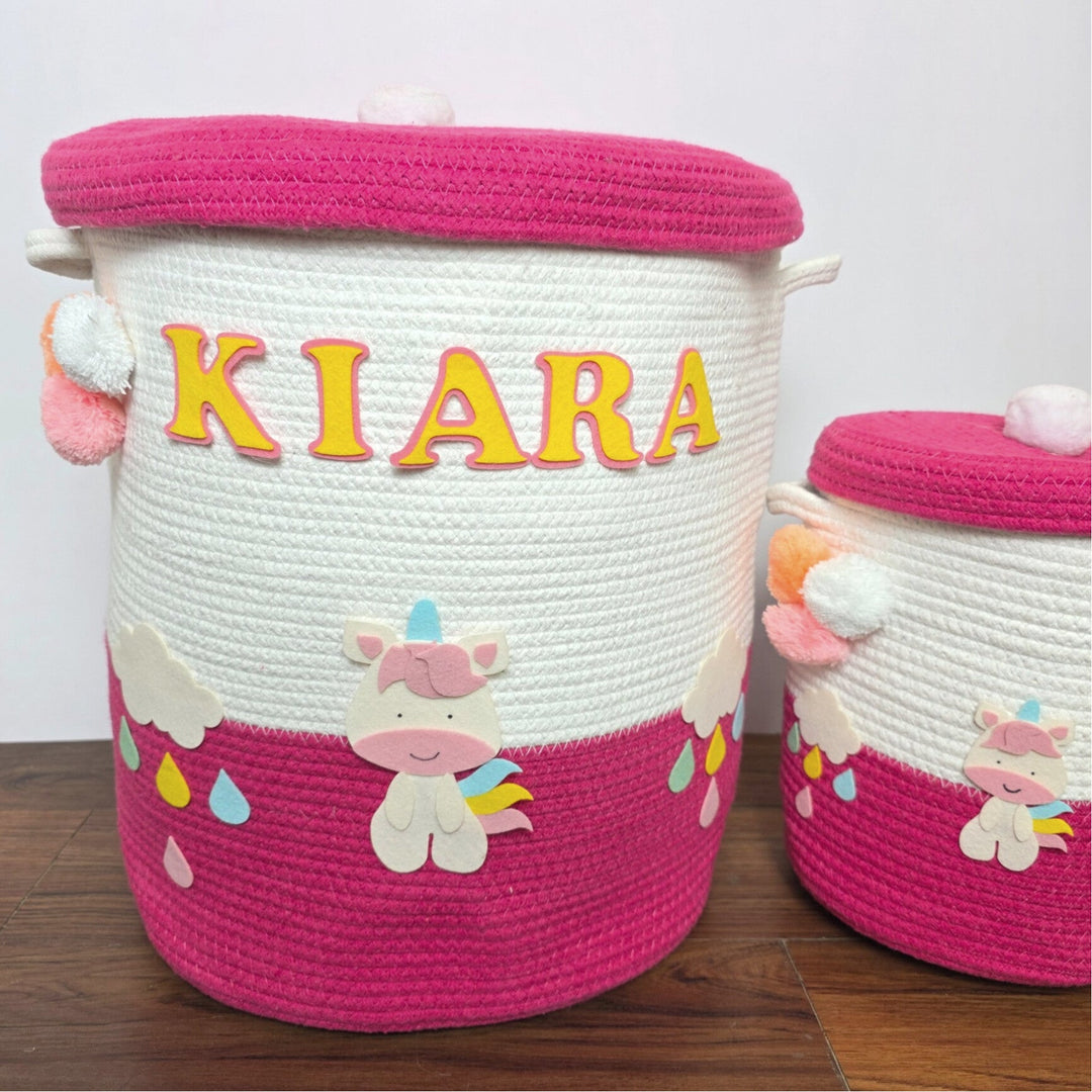 Babble Wrap Jute Cotton Storage Basket with Lid-Rainbow Unicorn Delight