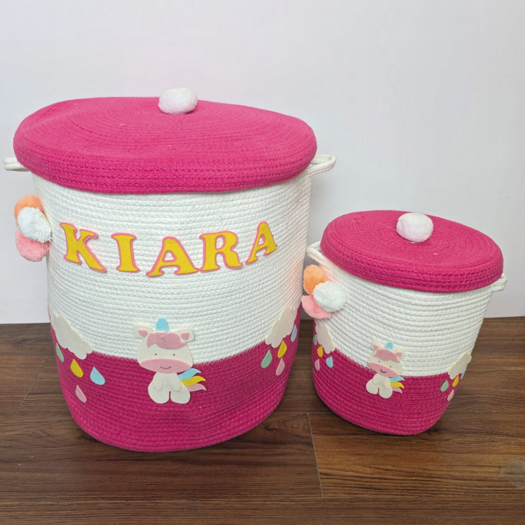 Babble Wrap Jute Cotton Storage Basket with Lid-Rainbow Unicorn Delight