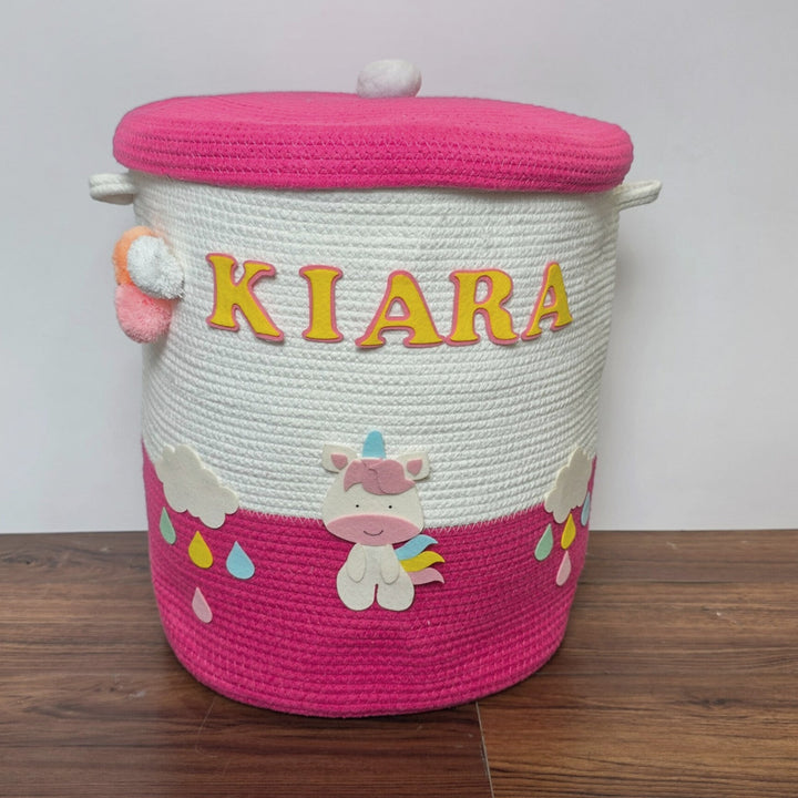 Babble Wrap Jute Cotton Storage Basket with Lid-Rainbow Unicorn Delight