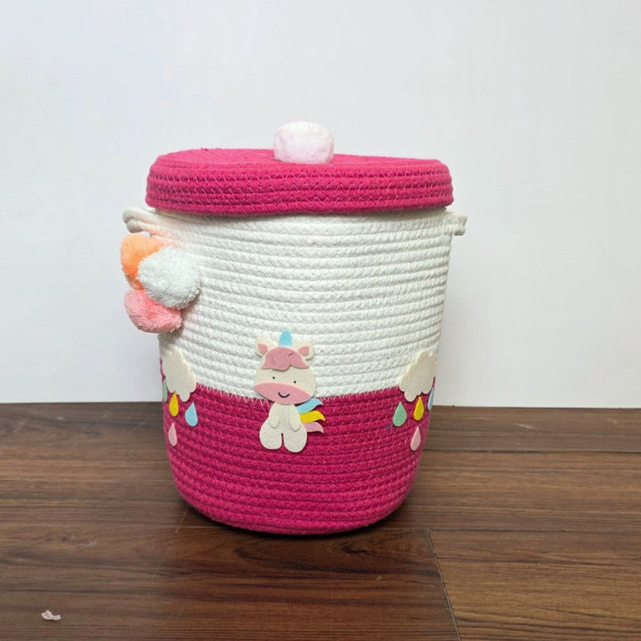 Babble Wrap Jute Cotton Storage Basket with Lid-Rainbow Unicorn Delight