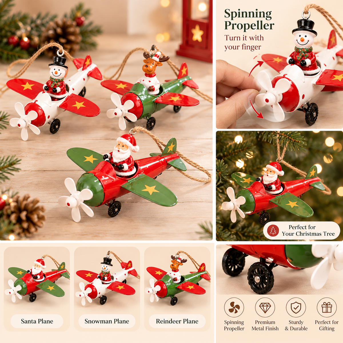 Jolly Wings Christmas Airplane Ornaments - Set of 3