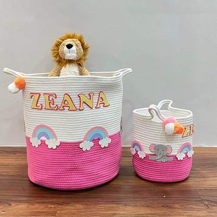 Babble Wrap Jute Cotton Storage Basket - Elephant’s Magical Rainbow