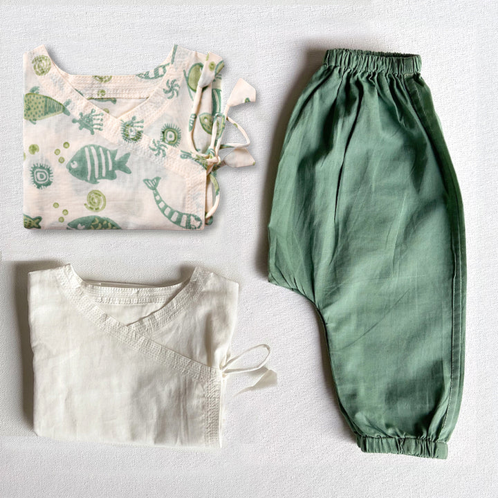 UNISEX ORGANIC KOI BAG - KOI MINT AND WHITE ANGRAKHA + MINT PANTS