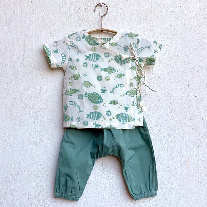 UNISEX ORGANIC FISH PRINT ANGARAKHA TOP + MINT PANTS