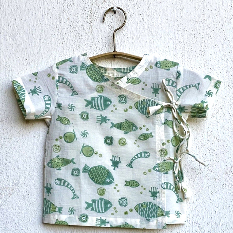 UNISEX ORGANIC FISH PRINT ANGARAKHA TOP + MINT PANTS