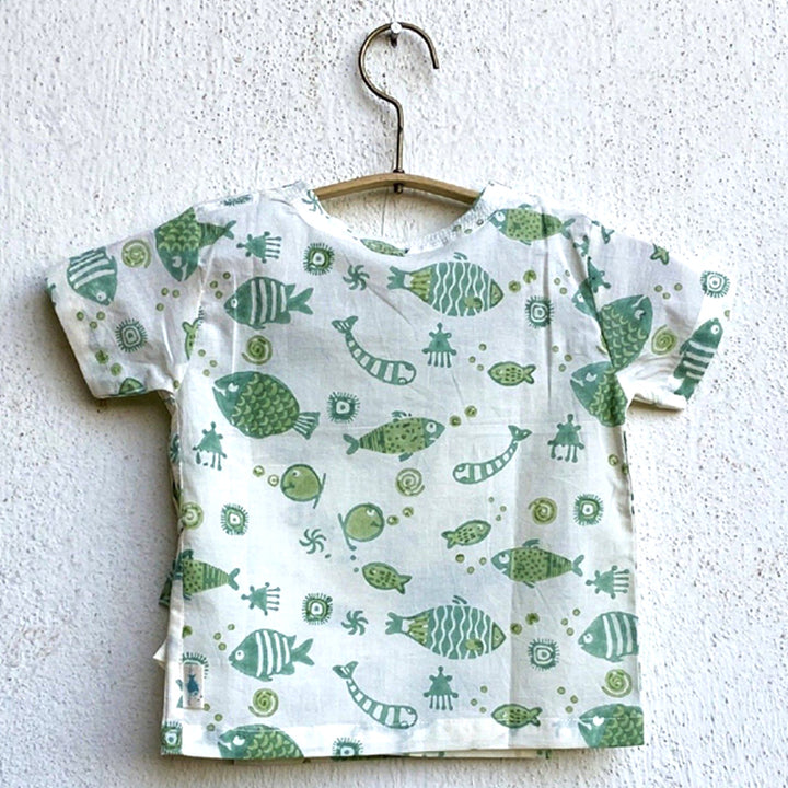 UNISEX ORGANIC FISH PRINT ANGARAKHA TOP + MINT PANTS