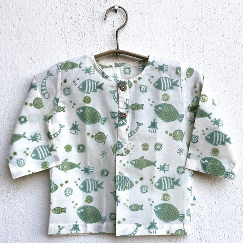 UNISEX ORGANIC FISH PRINT KURTA + MINT PANTS