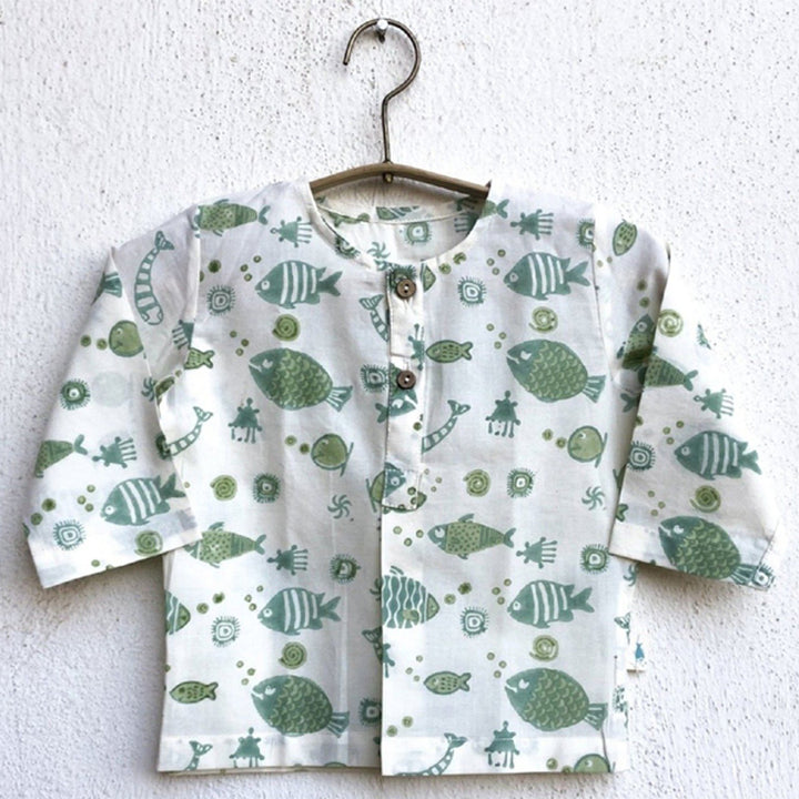UNISEX ORGANIC FISH PRINT KURTA + MINT PANTS