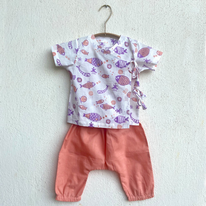 UNISEX ORGANIC KOI PEACH PRINT  ANGRAKHA TOP WITH PEACH PANTS