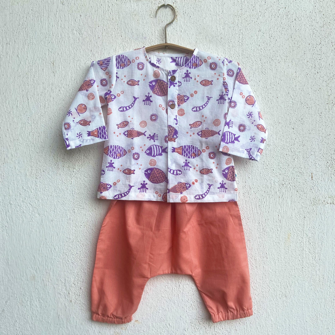 UNISEX ORGANIC KOI PEACH PRINT KURTA + PEACH PANTS