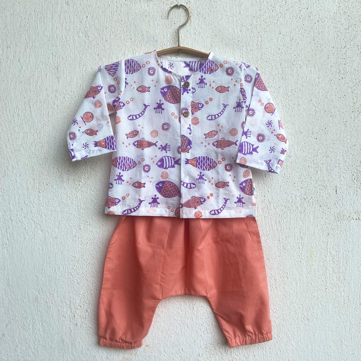 UNISEX ORGANIC KOI PEACH PRINT KURTA + PEACH PANTS