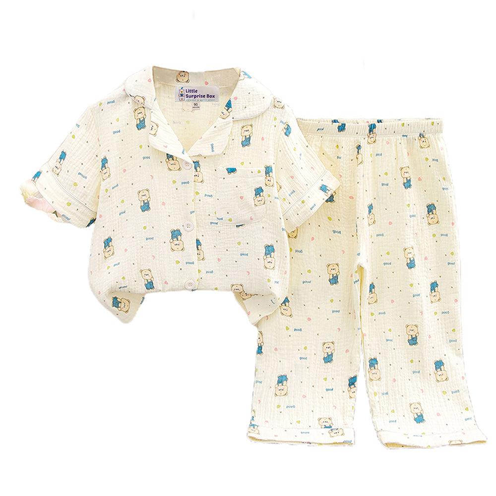 Little Surprise Box Happy Blue Bear soft Mulsin organic Cotton Kids Nightsuit