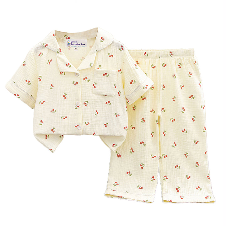 Little Surprise Box Cherry print soft Mulsin organic Cotton Kids Nightsuit