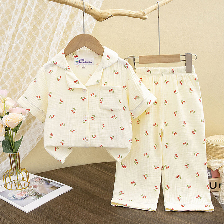 Little Surprise Box Cherry print soft Mulsin organic Cotton Kids Nightsuit