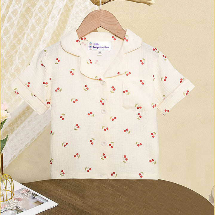 Little Surprise Box Cherry print soft Mulsin organic Cotton Kids Nightsuit