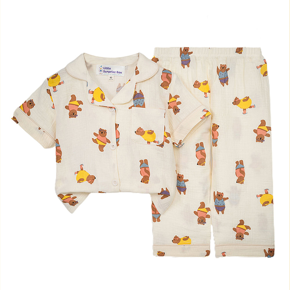 Little Surprise Box dancing Bear print soft Mulsin organic Cotton Kids Nightsuit