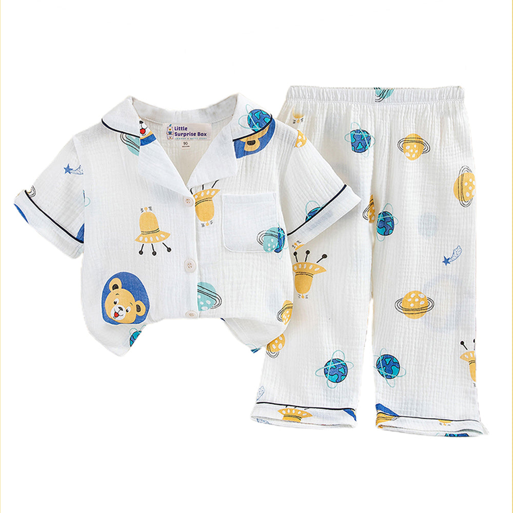 Little Surprise Box Space and Teddy print soft Mulsin organic Cotton Kids Nightsuit