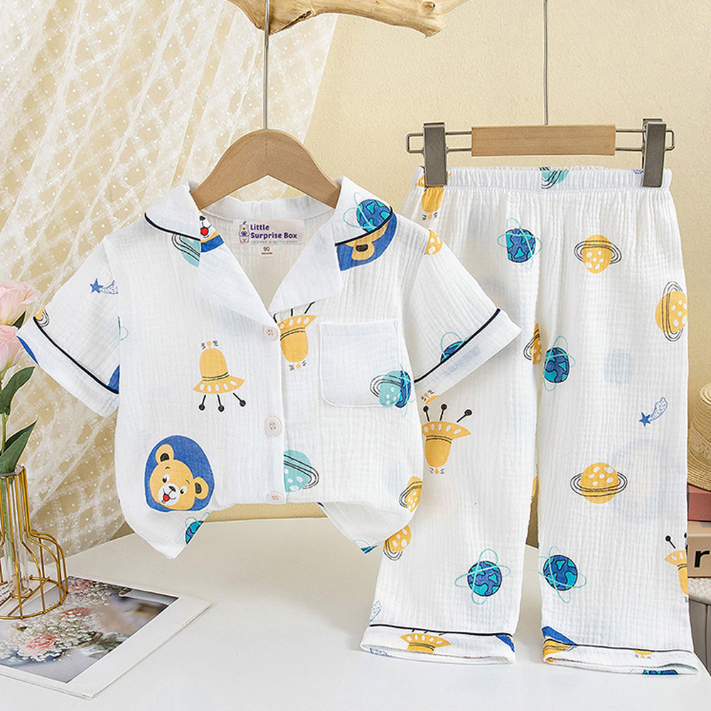 Little Surprise Box Space and Teddy print soft Mulsin organic Cotton Kids Nightsuit