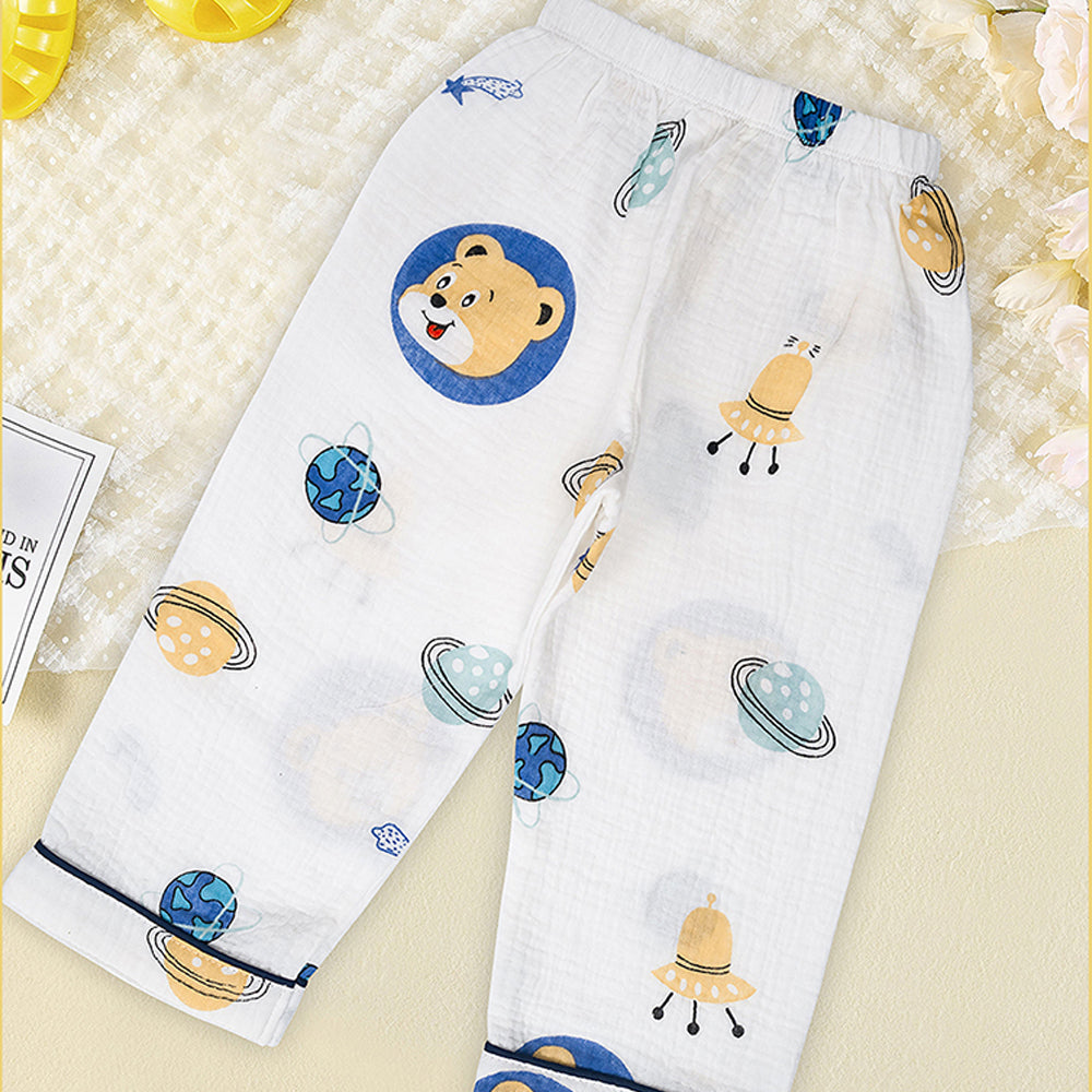 Little Surprise Box Space and Teddy print soft Mulsin organic Cotton Kids Nightsuit