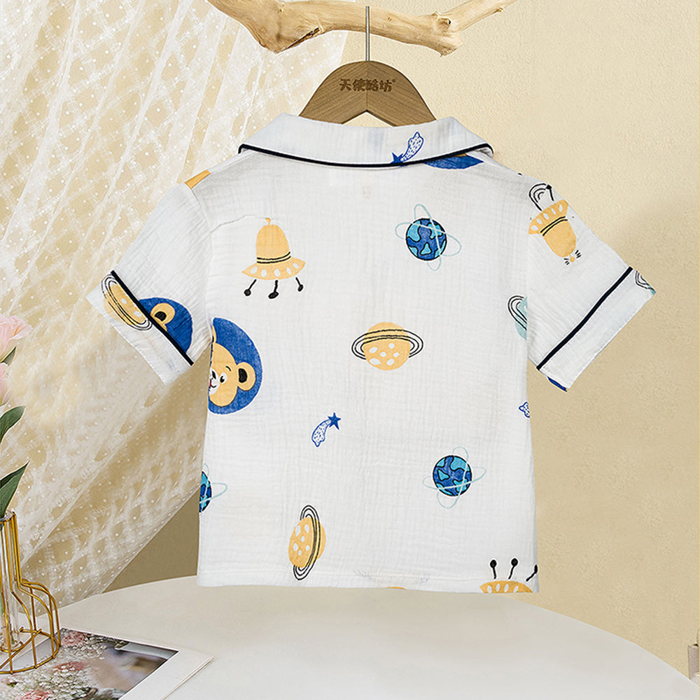 Little Surprise Box Space and Teddy print soft Mulsin organic Cotton Kids Nightsuit