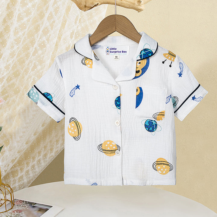 Little Surprise Box Space and Teddy print soft Mulsin organic Cotton Kids Nightsuit