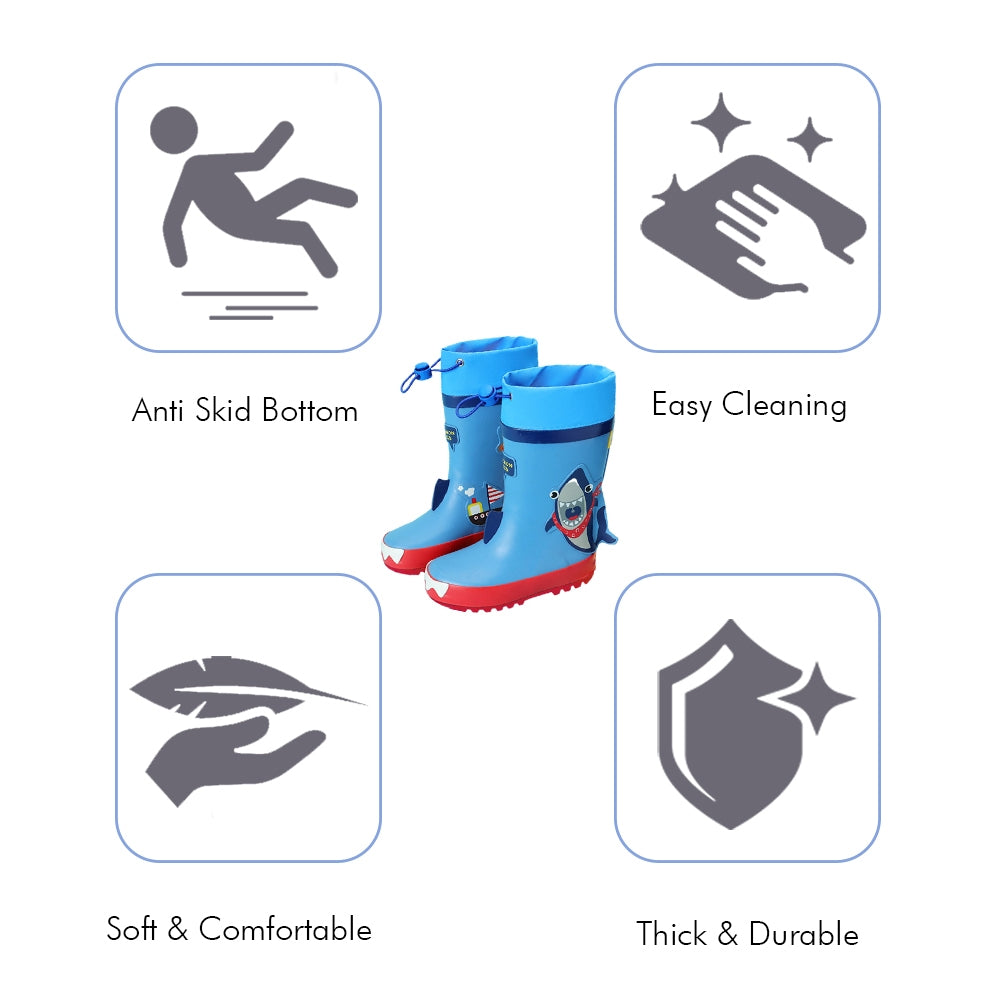 Blue Shark Theme Flexible Rubber Rain Gumboots for Kids