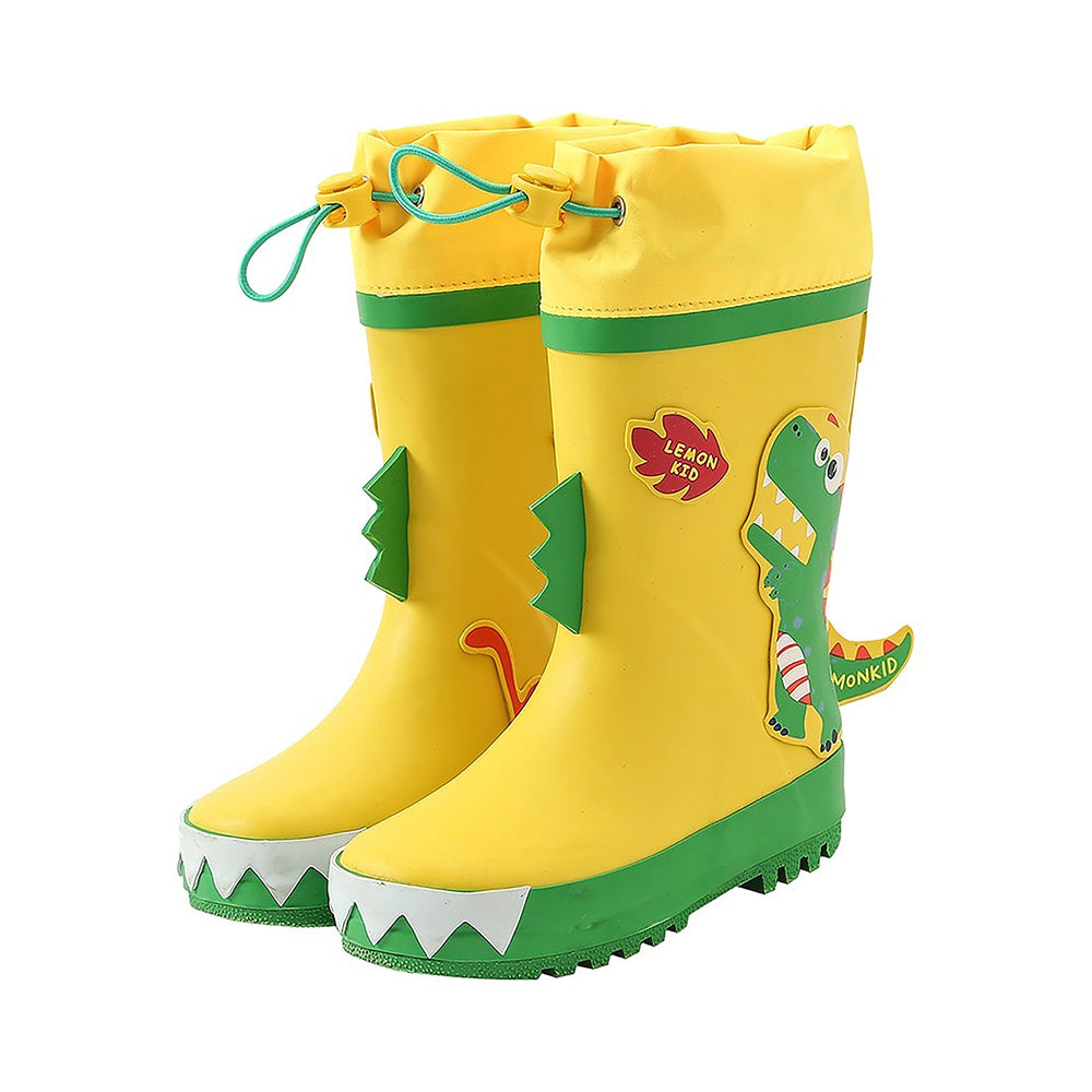 Little Surprise Box Yellow 3d Dino Waterproof Flexible Rubber Rain Gumboots for Kids