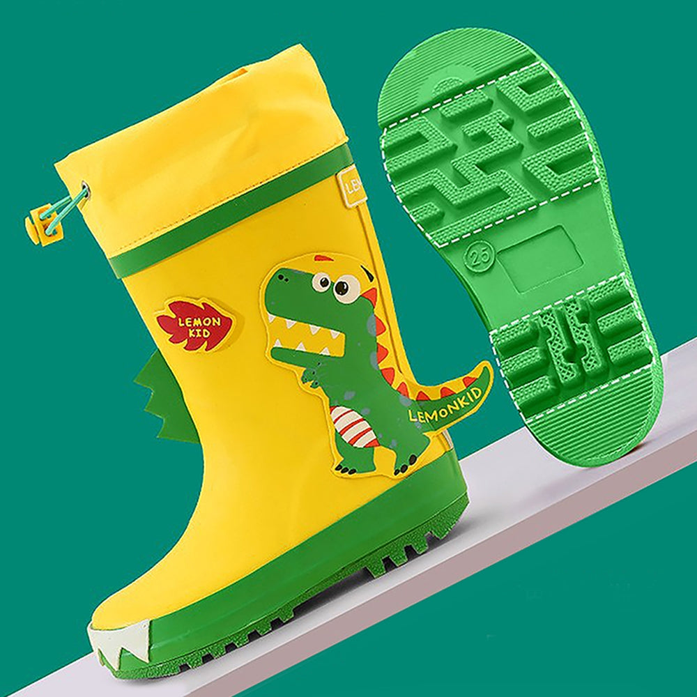 Little Surprise Box Yellow 3d Dino Waterproof Flexible Rubber Rain Gumboots for Kids