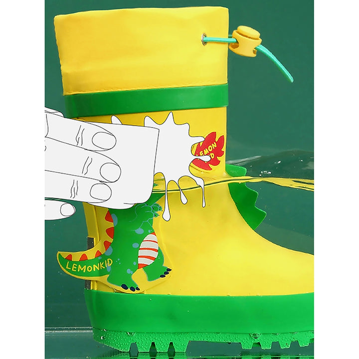 Little Surprise Box Yellow 3d Dino Waterproof Flexible Rubber Rain Gumboots for Kids