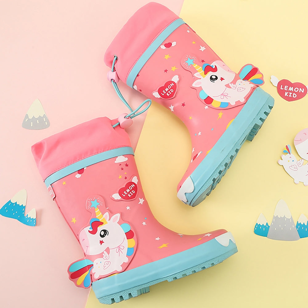 Bright Pink Magical Unicorn Theme Flexible Rubber Rain Gumboots for Kids