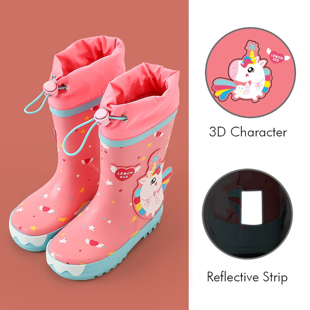 Bright Pink Magical Unicorn Theme Flexible Rubber Rain Gumboots for Kids