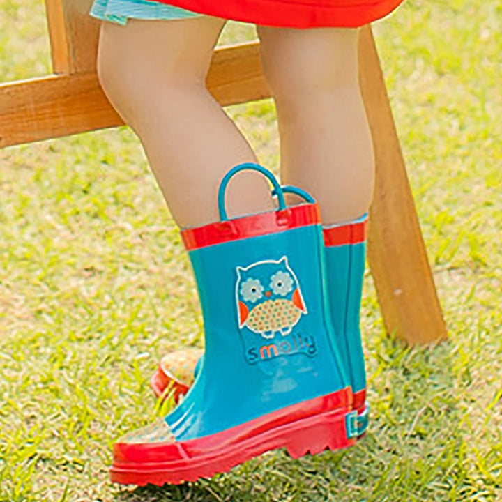 Little Surprise Box Blue Polka dots Owl Flexible Rubber Rain Gumboots for Toddlers and Kids