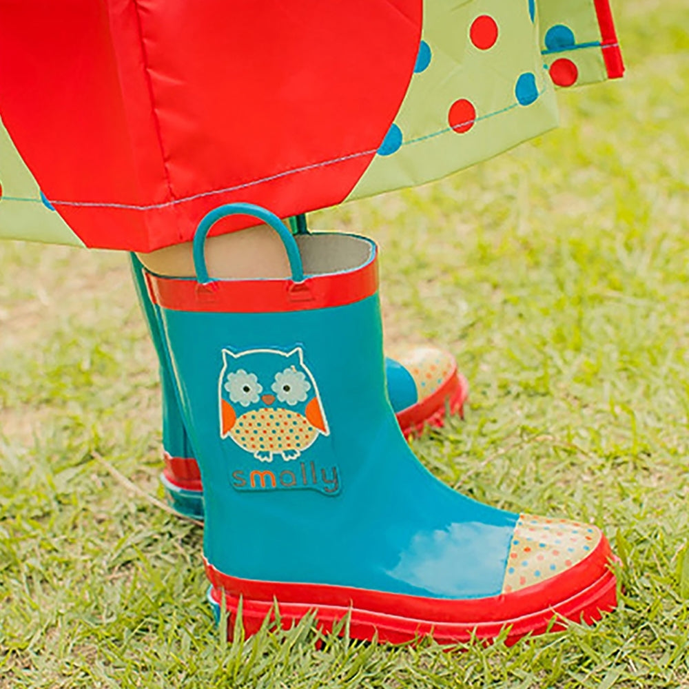 Little Surprise Box Blue Polka dots Owl Flexible Rubber Rain Gumboots for Toddlers and Kids