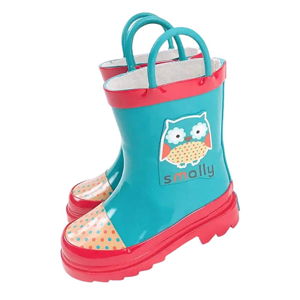 Little Surprise Box Blue Polka dots Owl Flexible Rubber Rain Gumboots for Toddlers and Kids