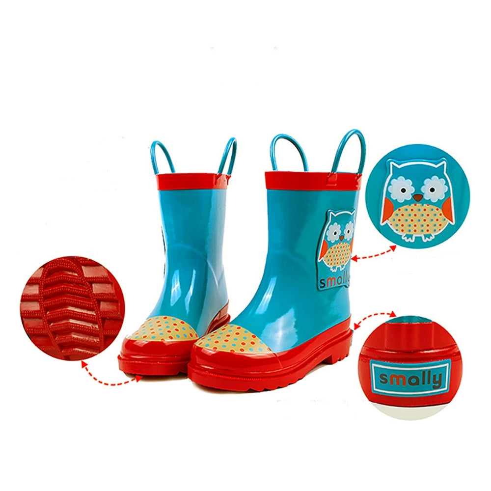 Little Surprise Box Blue Polka dots Owl Flexible Rubber Rain Gumboots for Toddlers and Kids