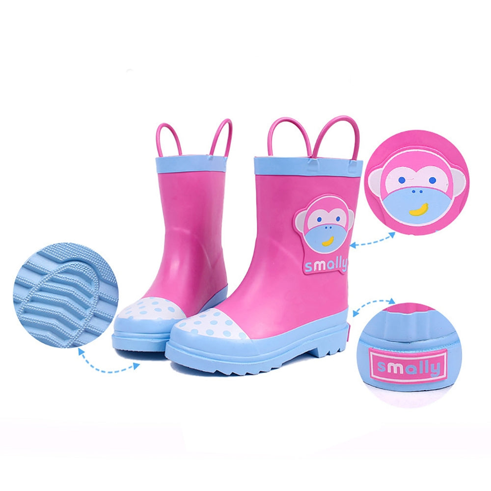 Little Surprise Box Pink Monkey Flexible Rubber Rain Gumboots for Toddlers and Kids