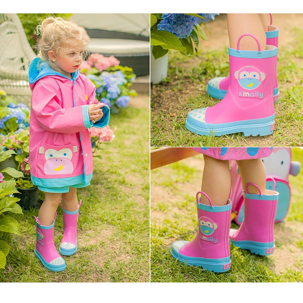 Little Surprise Box Pink Monkey Flexible Rubber Rain Gumboots for Toddlers and Kids