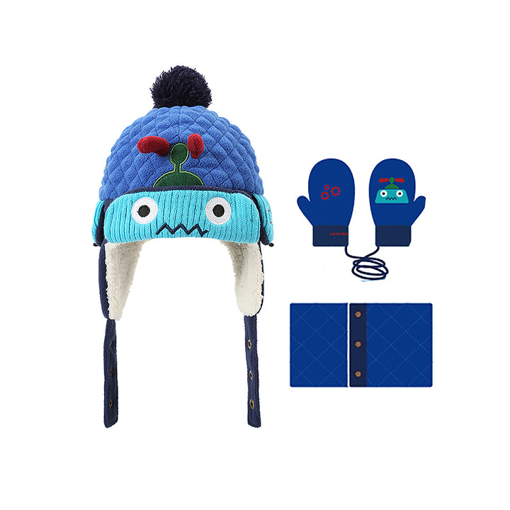 Little Surprise Box 3pcs Quilted Robot Theme Winter Cap, Mufflers and Gloves