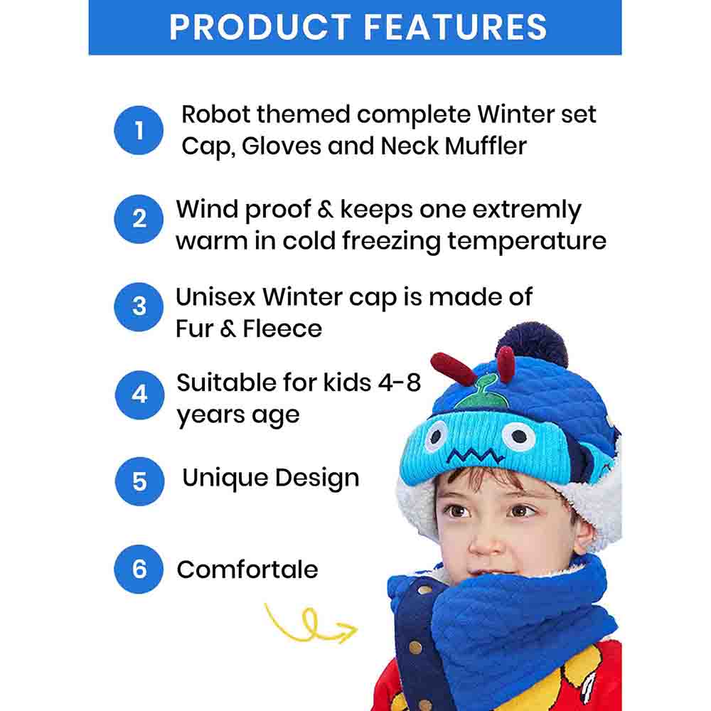 Little Surprise Box 3pcs Quilted Robot Theme Winter Cap, Mufflers and Gloves