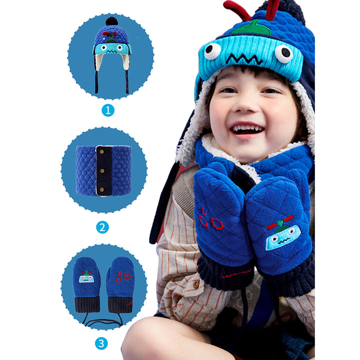 Little Surprise Box 3pcs Quilted Robot Theme Winter Cap, Mufflers and Gloves