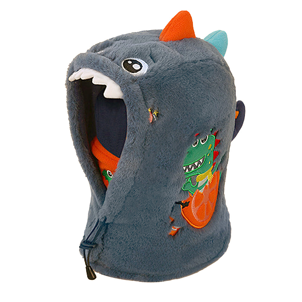 Little Surprise Box Grey Furry Dino theme Winter Cap covering Mouth, Neck and Head for Minus degree Temperature