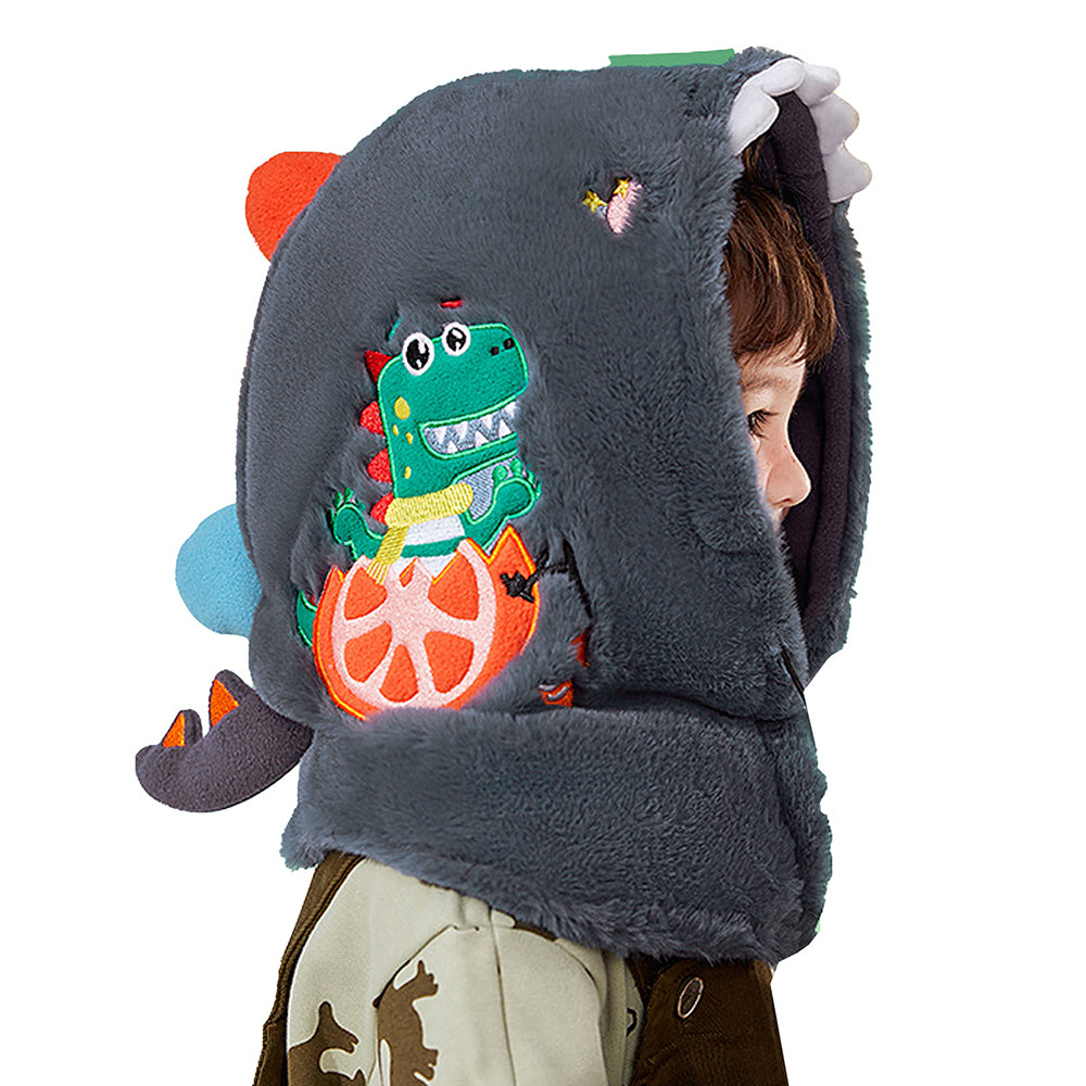 Little Surprise Box Grey Furry Dino theme Winter Cap covering Mouth, Neck and Head for Minus degree Temperature