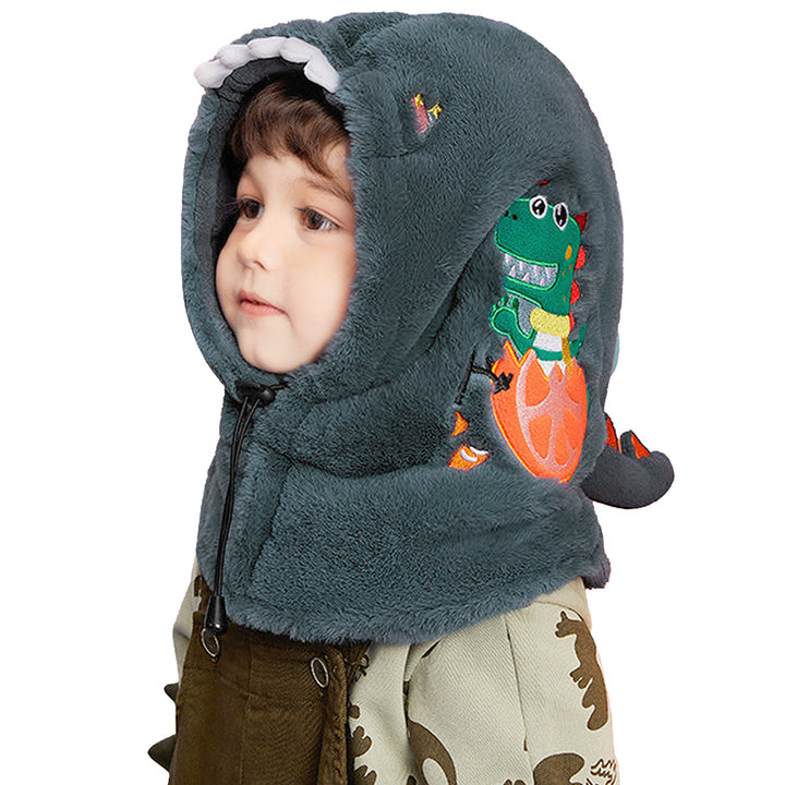 Little Surprise Box Grey Furry Dino theme Winter Cap covering Mouth, Neck and Head for Minus degree Temperature